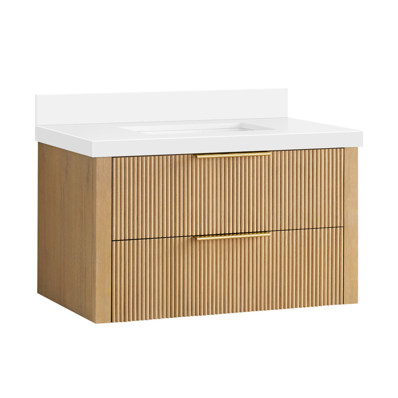 Meuble-lavabo flottant simple 36 po Barcelona, Gris cendré délavé / or brossé, 36"