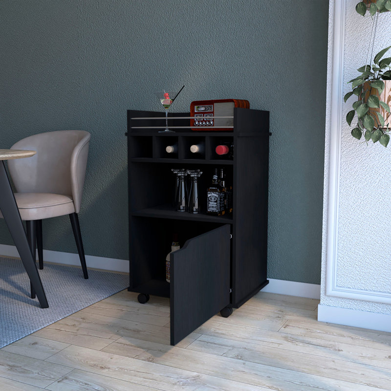 Black Bar Cart With Multiple Compartments And Built-In Holders 1-Door For Home Ample Shelf Space, Black