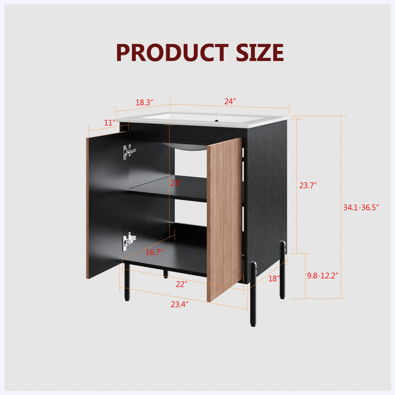 Armoire de meuble-lavabo moderne 30 po seulement, autoportante ou murale, portes doubles cannelées et tablette ajustable à fermeture en douceur, pieds en aluminium, noyer et noir (sans lavabo)