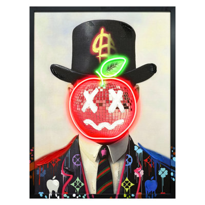 Neon Apple Face Canvas Neon Wall Art - 25" x 33" - Black Frame