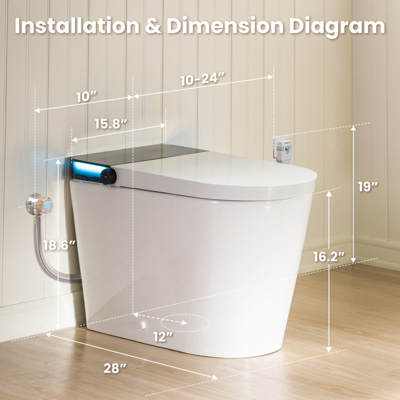 Toilette intelligente à hauteur confortable ADA, toilette bidet avec ouverture / chasse automatique, réglage automatique de la température / bouclier en mousse, 1,06 GPF, éclairage ambiant, télécommande