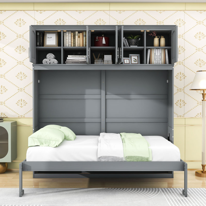 Wood Murphy Bed with Top Cabinets, Space-Saving Foldable Design, Grey, Full