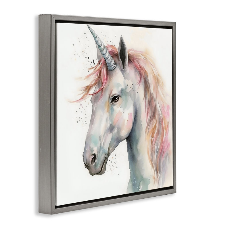 Licorne avec cadre flottant à crinière rose, design Creative Studio, H 25 po x l 25 po, Cadre flottant gris lustré