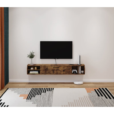 Meuble télé 94,48 po rustique en contreplaqué flottant avec accent doré - console média extra large murale pour téléviseur de 100 po ou moins