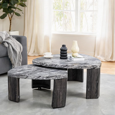 Grey-toned faux marble triangle nesting coffee table set for modern living rooms, 2-piece