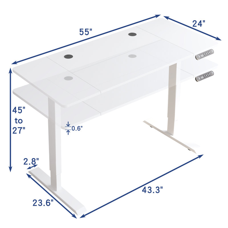 Bureau debout à hauteur réglable électrique Fanchon, H 45 po x l 55 po x P 24 po, Blanc