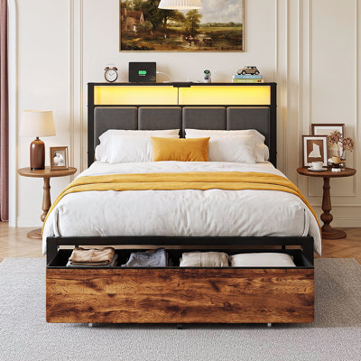 Upholstered Platform Bed with 2 Fabric Drawers and Open Storage Headboard, Adjustable LED Light and Charging Station, No Box Spring Needed