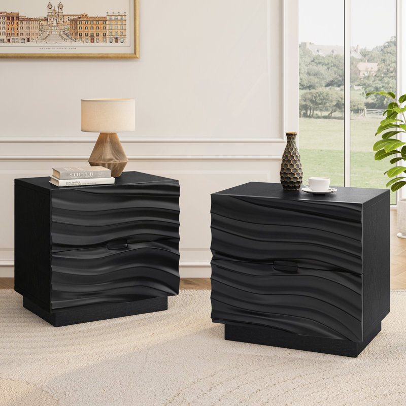 Ensemble de 2 tables de chevet en bois massif 2 tiroirs, Ensemble de 2, Noir