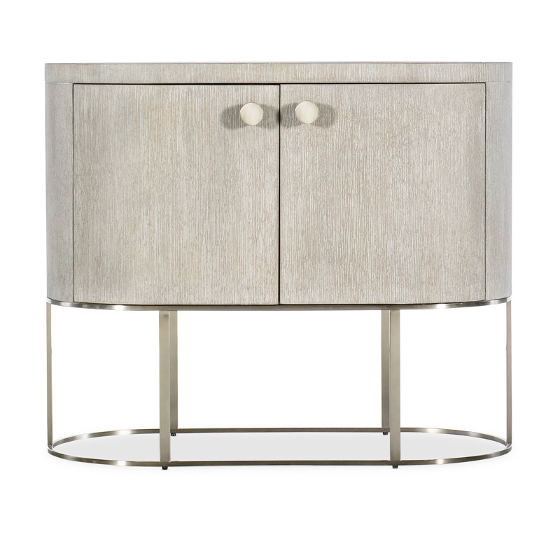 Light Brown Oak Veneer Oval Nightstand with Metal Base