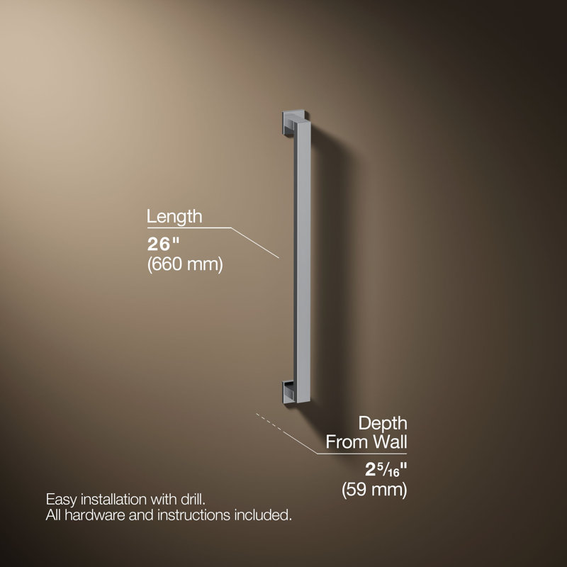 Square Metal Grab Bar for Shower, Bathroom Safety Grab Bar, Tub Rail, 24" W, Polished Chrome