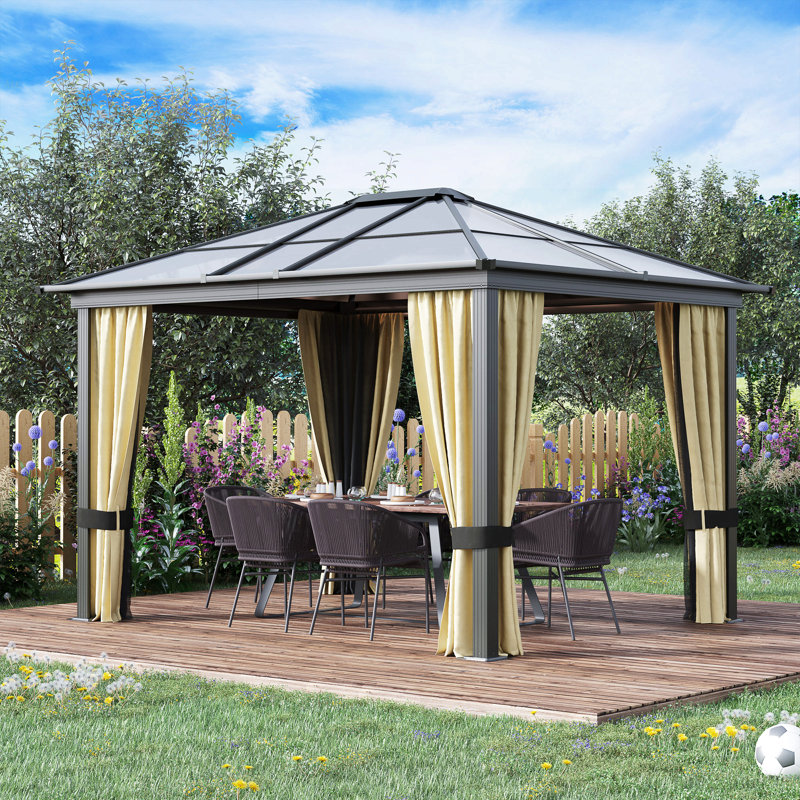 10' X 12' Hardtop Gazebo Canopy With Polycarbonate Roof, Aluminum Frame, Permanent Pavilion Outdoor Gazebo With Netting And Curtains For Patio, Garden, Backyard, Lawn, Deck