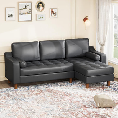 89" Leather Sofa with Convertible Chaise, Mid Century Modern L-Shape Couch with Deep Seat, Sectional Leather Couch for Living Room, Lounge