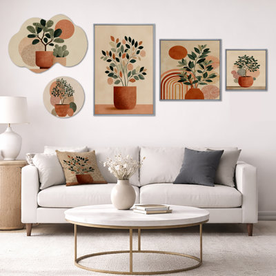 Vert et terre cuite minimalisme élégance sauge - grand ensemble d'art mural botanique, toile et métal de 5 pièces (100 po x 40 po)