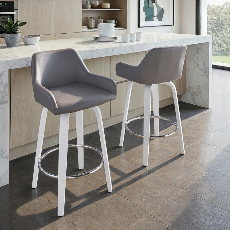 Tabouret de comptoir à hauteur fixe avec pivot en bois et similicuir avec repose-pieds rond chromé - ensemble de 2, Gray