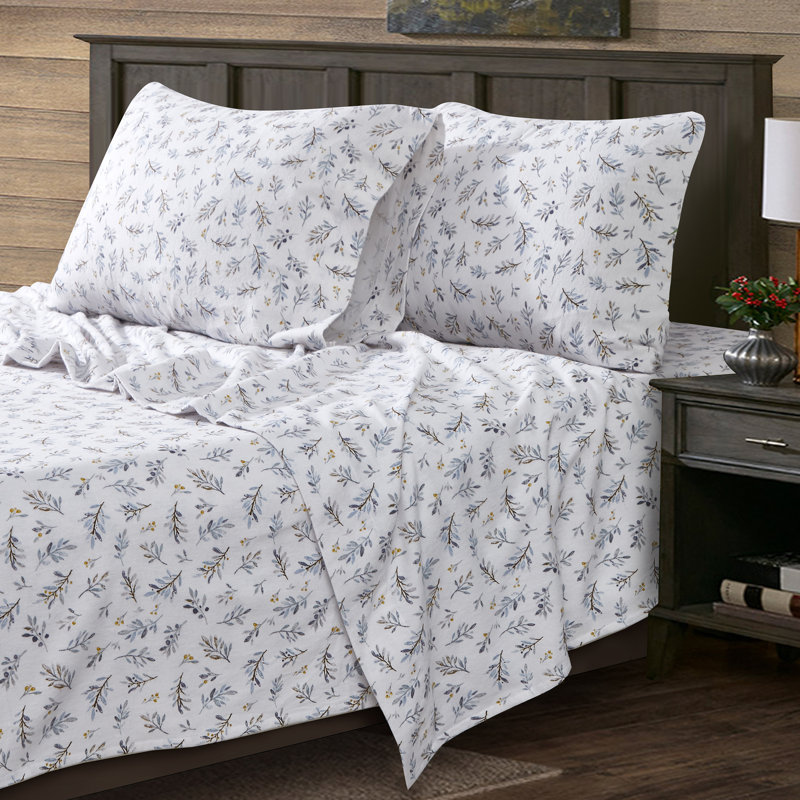 Ensemble de draps en flanelle avec feuilles et baies blanches, Ensemble de draps pour lit double avec trois taies