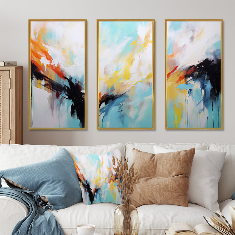 Azur bleu blanc fusion - art mural abstrait, Cadre flottant doré, H 40 po x l 60 po x P 1 po