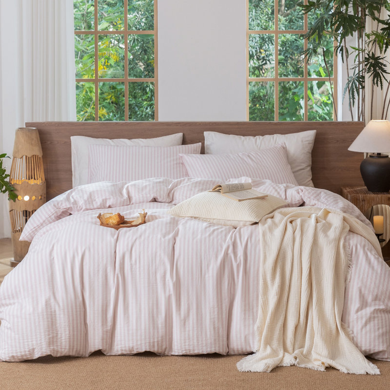 MooMee Striped Duvet Cover Set 100% Washed Cotton Linen Like Textured, Full Duvet Cover + 2 Standard Pillowcases