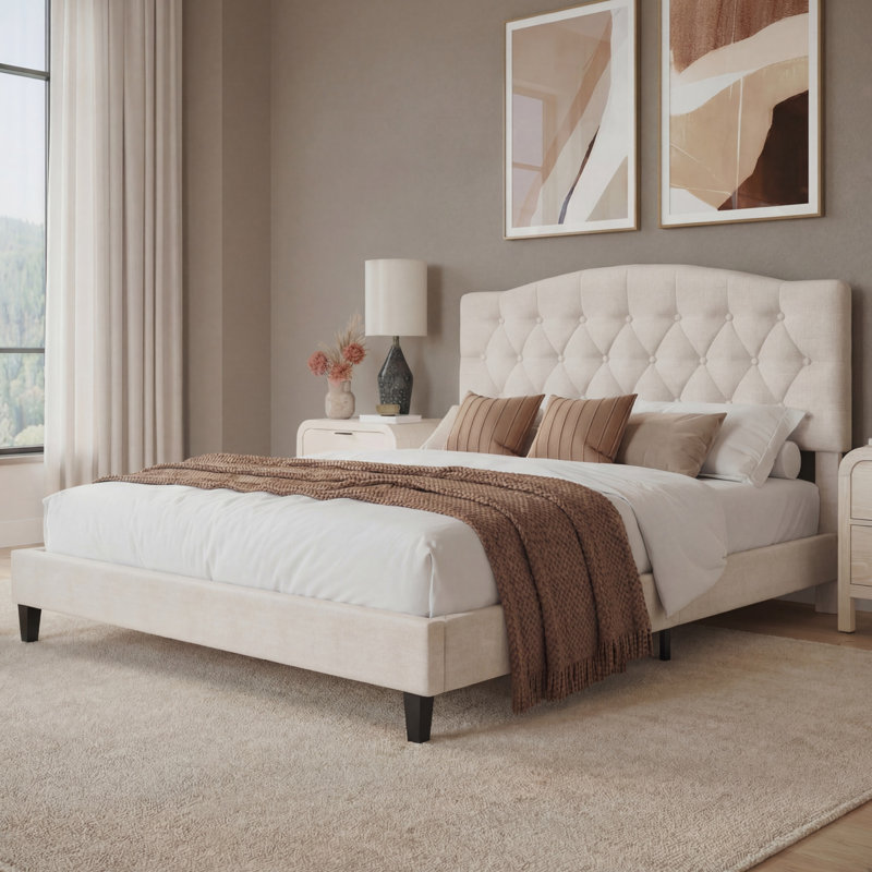 Beige Upholstered Platform Bed Frame – Button-Tufted Headboard, Slat Support, King