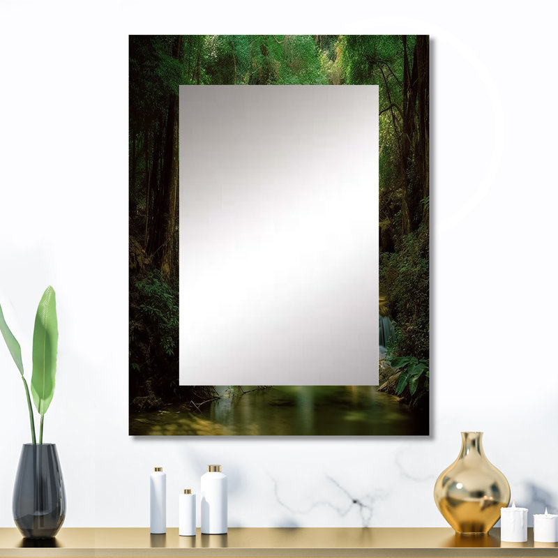 «Waterfall In Dense Forest I», miroir mural unique, impression sur métal, 32 po x 24 po