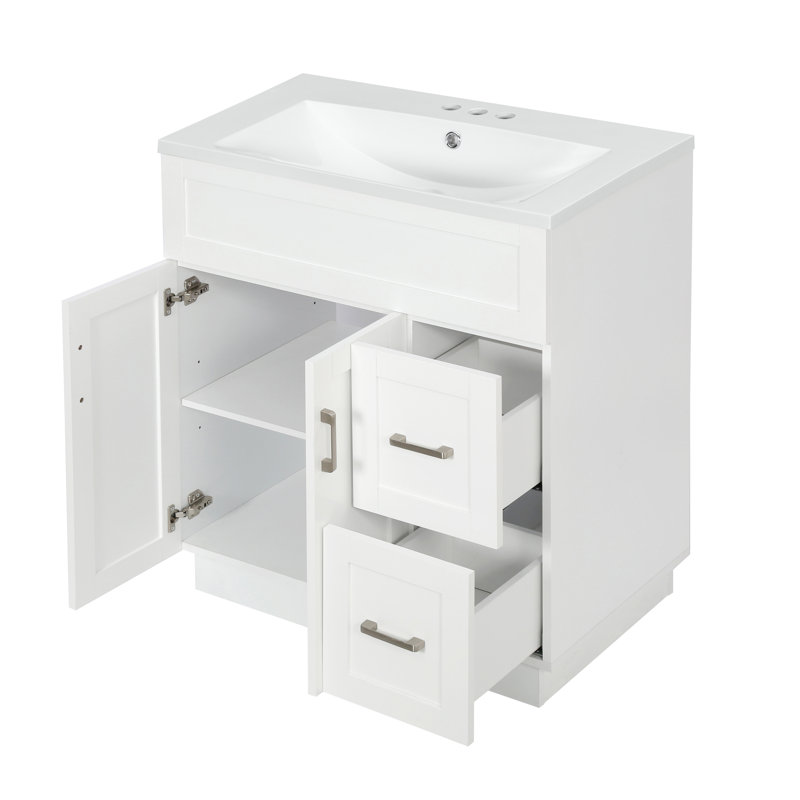 Meuble-lavabo autoportant moderne de 30 po avec lavabo en résine SMC, tiroirs à droite et tablettes réglables