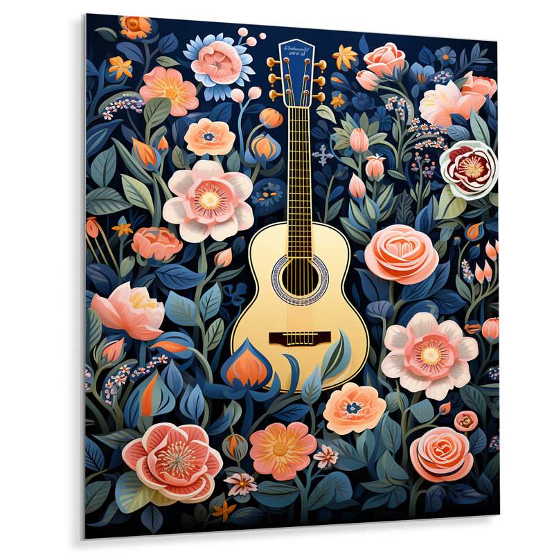 Rose, harmonie florale, guitare, musique, art mural en métal, H 32 po x l 24 po x P 1 po
