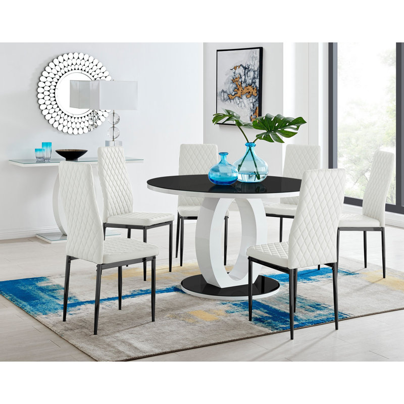 Scottsmoor 4 Seater High Gloss Round Dining Table Set with 4 Luxury Faux Leather Dining Chairs, Cappuccino, Black/White