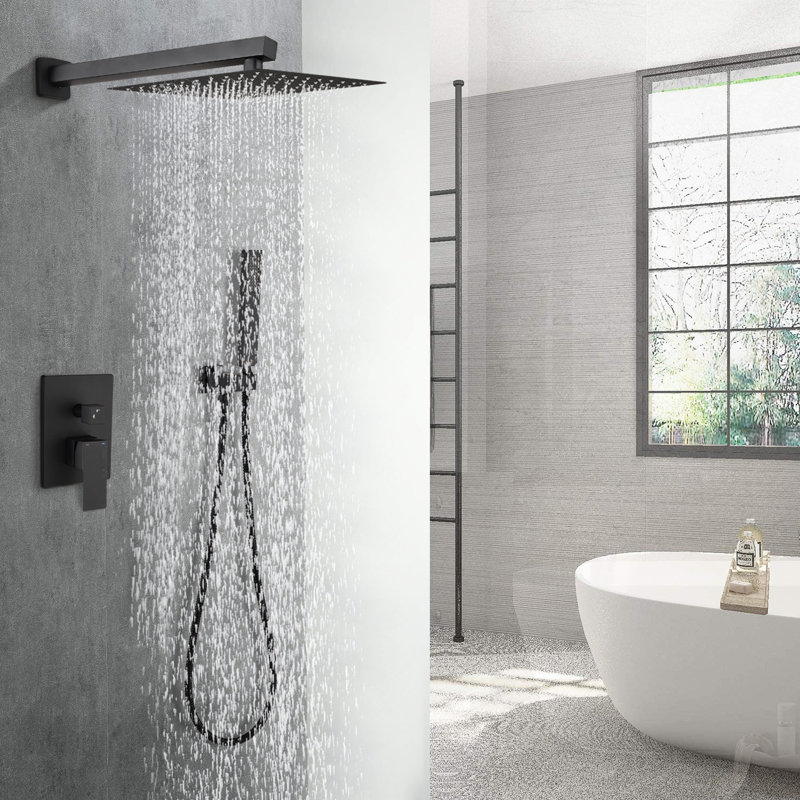 Wall Mounted 12 - Inch Matte Black Brass Shower System With Adjustable Head, Diverter Valve, And High Grade Materials Diverter, Water Flow, Protection From Scalding Injury