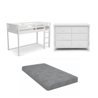 Ensemble de chambre à coucher pour lit mezzanine 3 pièces pour enfants Delta - Comprend lit mezzanine simple, commode 6 tiroirs et matelas simple, blanc