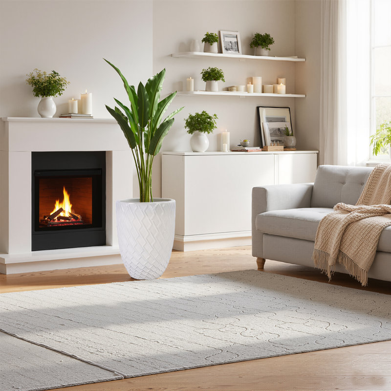 Pot de fleurs décoratif pour l'extérieur en céramique 17 po avec trou de drainage 17 po, Blanc antique