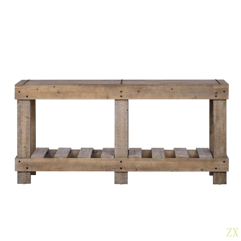 62.9" Vintage Entryway Table - Fir Solid Wood With  Grain, 6 Reinforced Legs & 4.5" Thick Desktop, Metal Rivet Decor & Plank Under-Shelf, Console Table For Hallway, Living Room