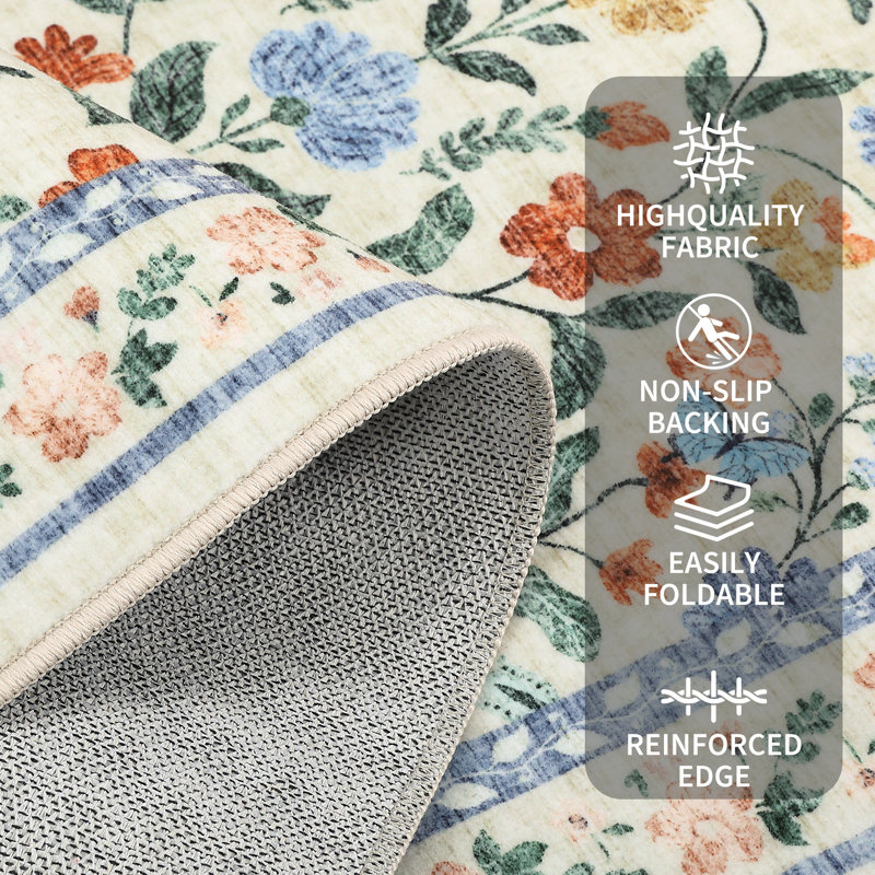 Washable Rugs Non Slip Area Rugs for Bedroom,Farmhouse Floral Carpets for Hallway,Dining Room,Bathroom,Nursery, Green
