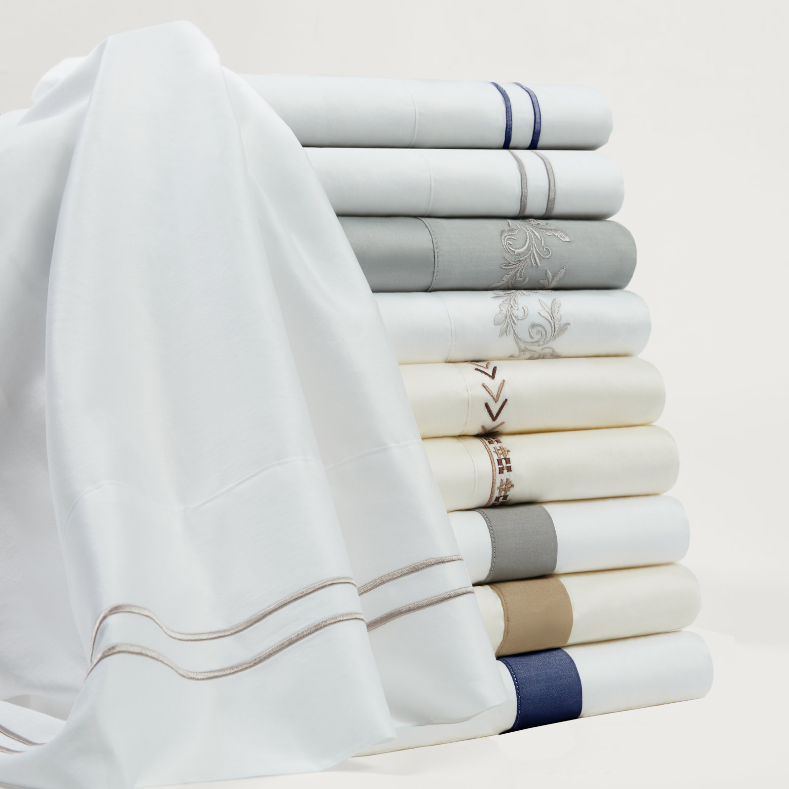 Stripe Sheet White with Embroidered Stripes 350 Thread Count Classic Modern Rustic Sheet Set, Taupe