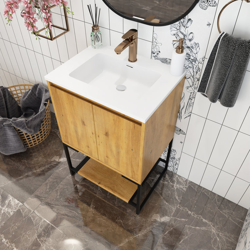Meuble-lavabo autoportant à simple cuve 24 po avec plateau en marbre Sylee, Chêne, Blanc
