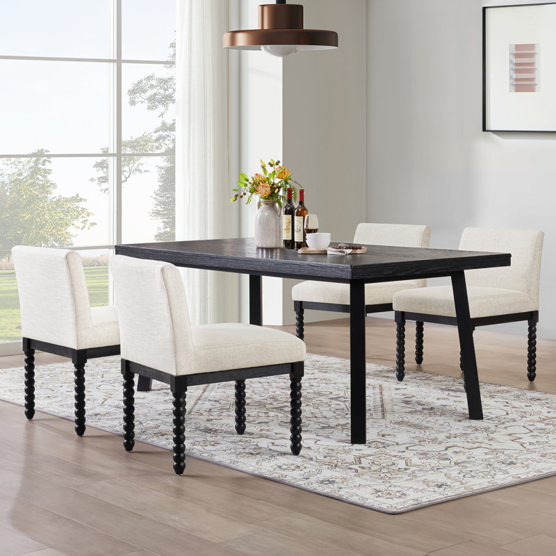 Upholstered Low Back Rubber Wood Bobbin Legs Dining Chair, 4, Black, White