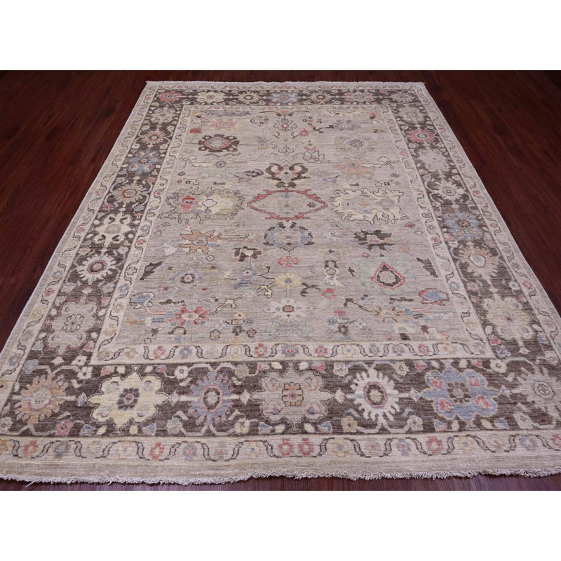 Tapis brun noué à la main 8 pi 2 po x 9 pi 8 po, motif de feuilles, oushak angora afghan, teintures naturelles, pure laine, noué à la main
