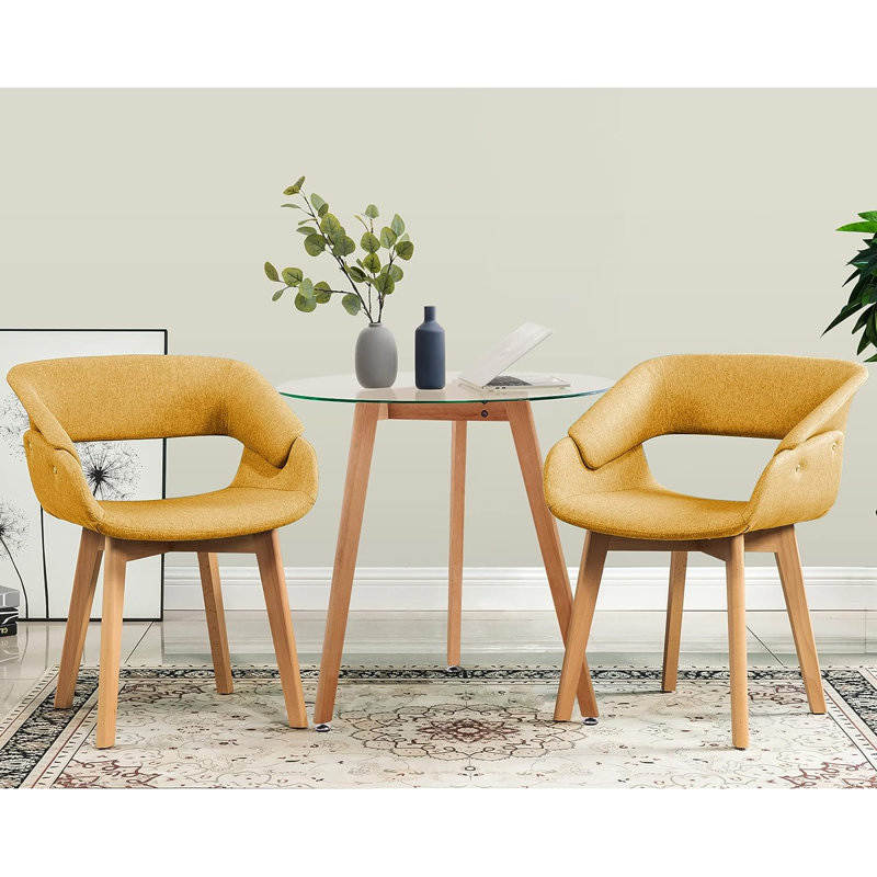 31'' Dining Table Set, Round Glass Top Dining Table with Two Upholstered Chairs, Yellow