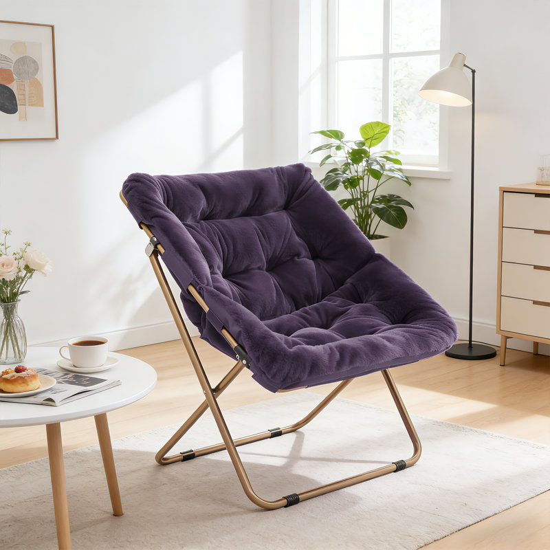  Square Faux Fur Saucer Chair With Metal Frame Foldable Comfy Accent Chair For Bedroom, Living Room & Reading Nook, Gray