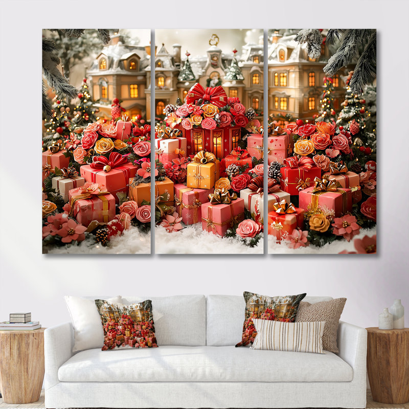 Ensemble de salon art de Noël rose or rose, Toile tendue, H 28 po x l 36 po x P 1 po