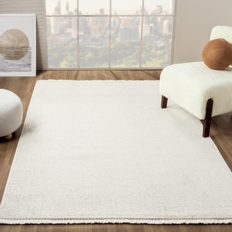 Solid Machine Woven Cream 5x7 Area Rug