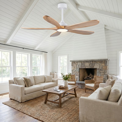 52" Minimalist Solid Wood 5-Blade Ceiling Fan with Reversible DC Motor and LED Light