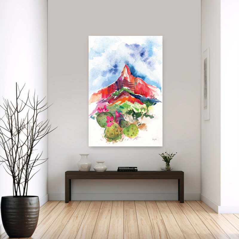 Art contemporain contemporain, paysage de montagne, cactus abstrait, H 60 po x l 40 po