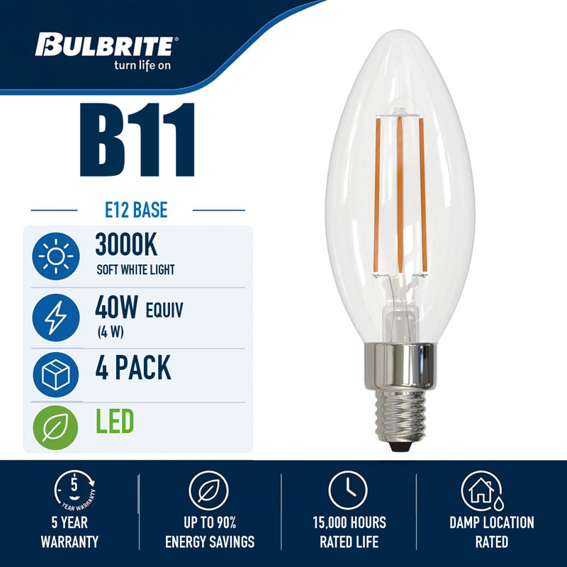 Ampoule DEL E12 40 watts, filament B11, lumière blanche douce 3000K, 350 lumens, intensité variable, 3000