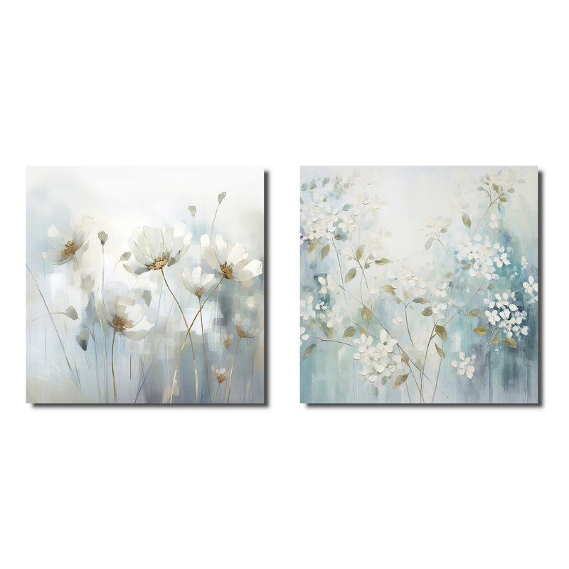 Green Beige Serene Meadows - ensemble de 2 collages carrés botaniques abstraits, Toile tendue, H 16 po x l 33 po