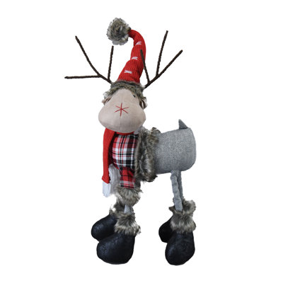 Fabric Moose with Red Classic Plaid Cloth and Four Legs -  x 19.3" - Grey, Black, Red
