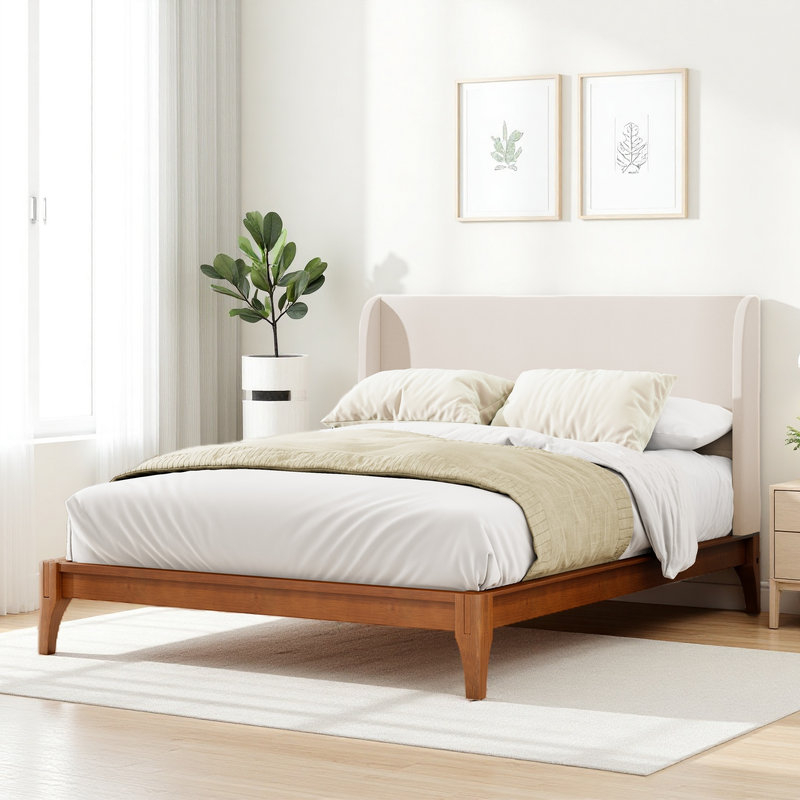 Bed Frame Platform with Upholstered Wingback Headboard, King, Brown
