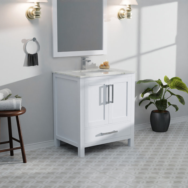 Meuble-lavabo blanc l 30 po x P 22 po, plateau en marbre de culture et miroir 28 po