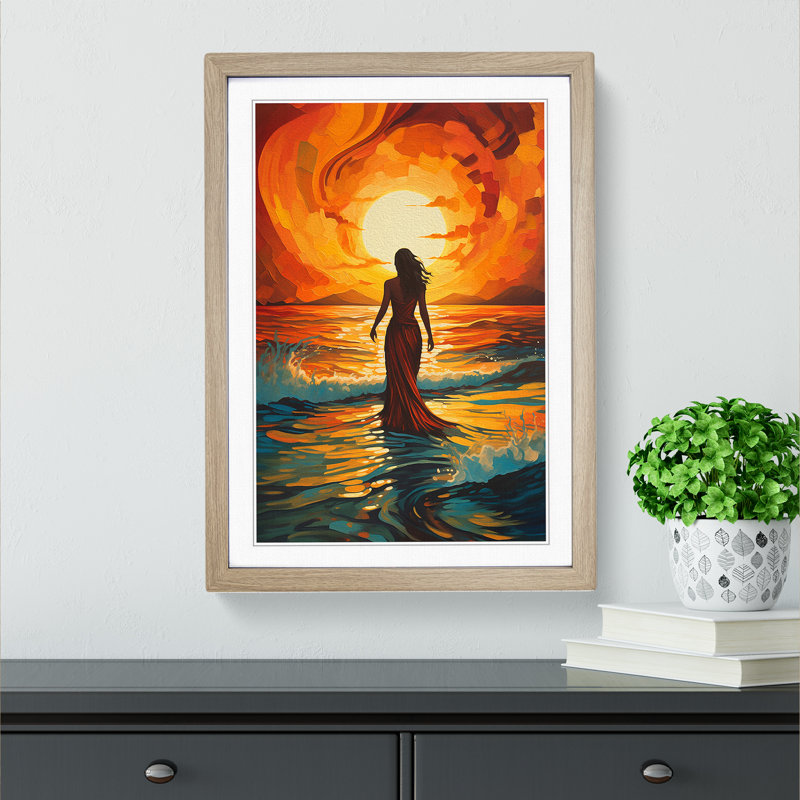 Art Deco Sunset Action Painting Framed Print, 64cm H x 46cm W, Oak Framed
