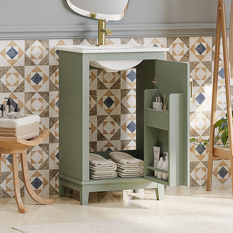 Petit meuble-lavabo avec lavabo en céramique et 1 porte à fermeture douce, Vert