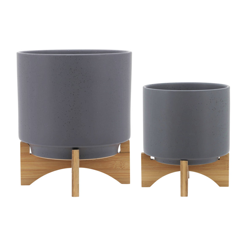 8/10" Planter W/ Wood Stand, Matte Gray, 12" H x 10" W x 10" D