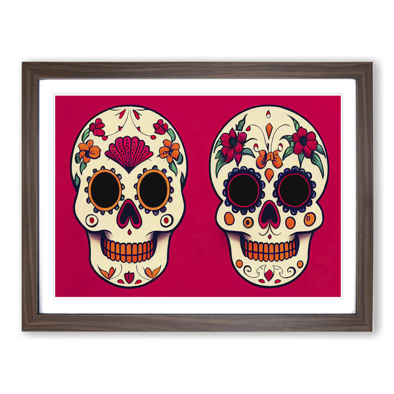 Floral Sugar Skulls - Single Picture Frame Print, 46cm H x 64cm W x 2cm D, Walnut